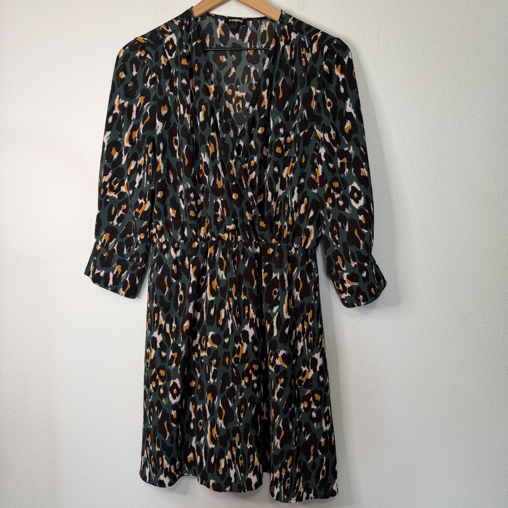 Express - Emerald Green Leopard Print Wrap Top Dress Women's Size Small